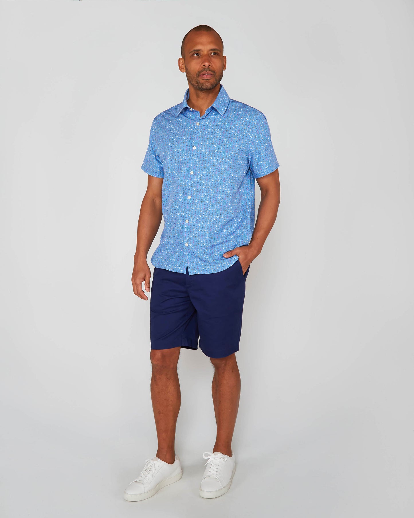 FULL DULL POLYESTER OXFORD PRINT SHIRT ANCHORS BLUE