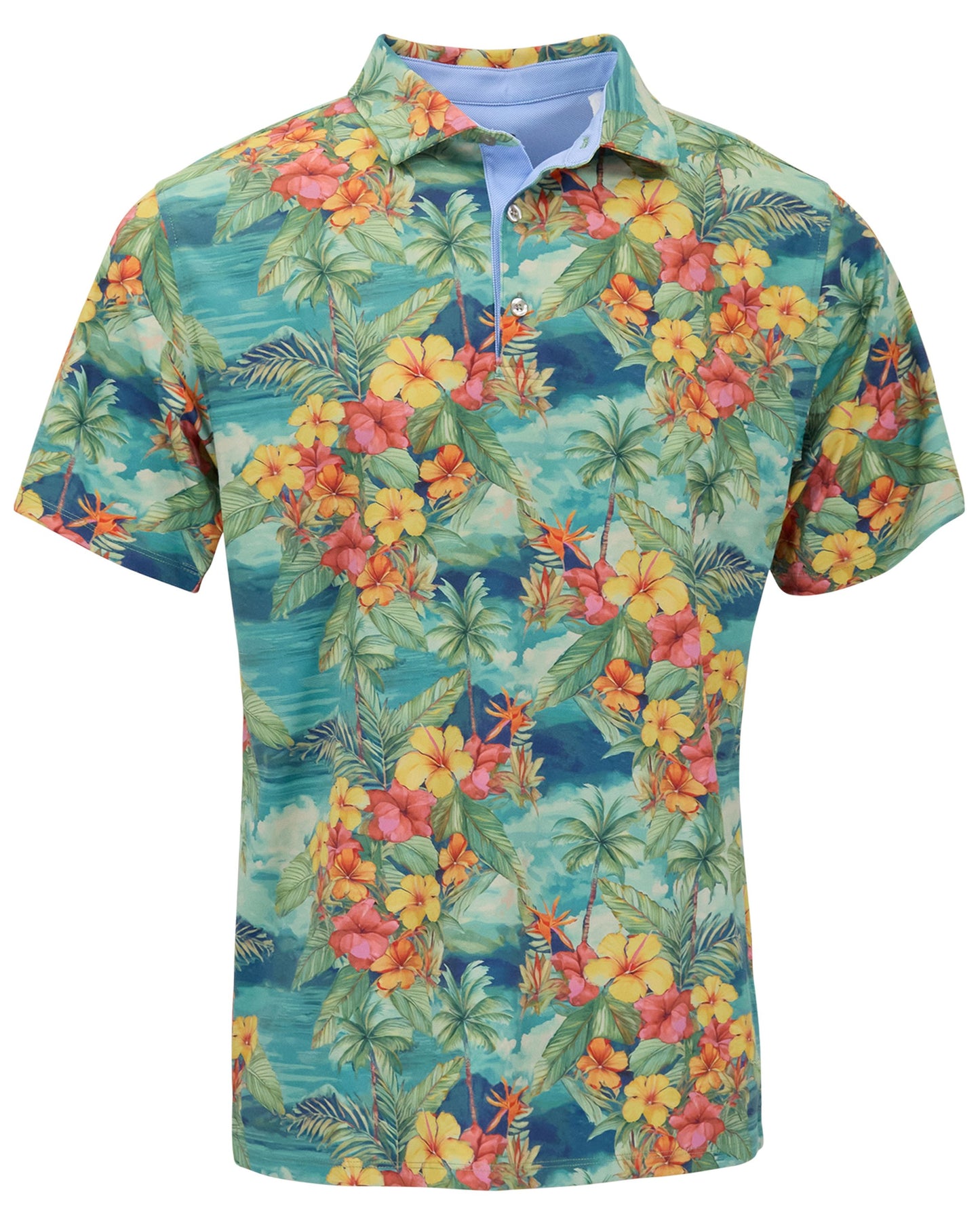 HUDSON GOLF PERFORMANCE POLO HAWAIIAN FLOWERS & SEA