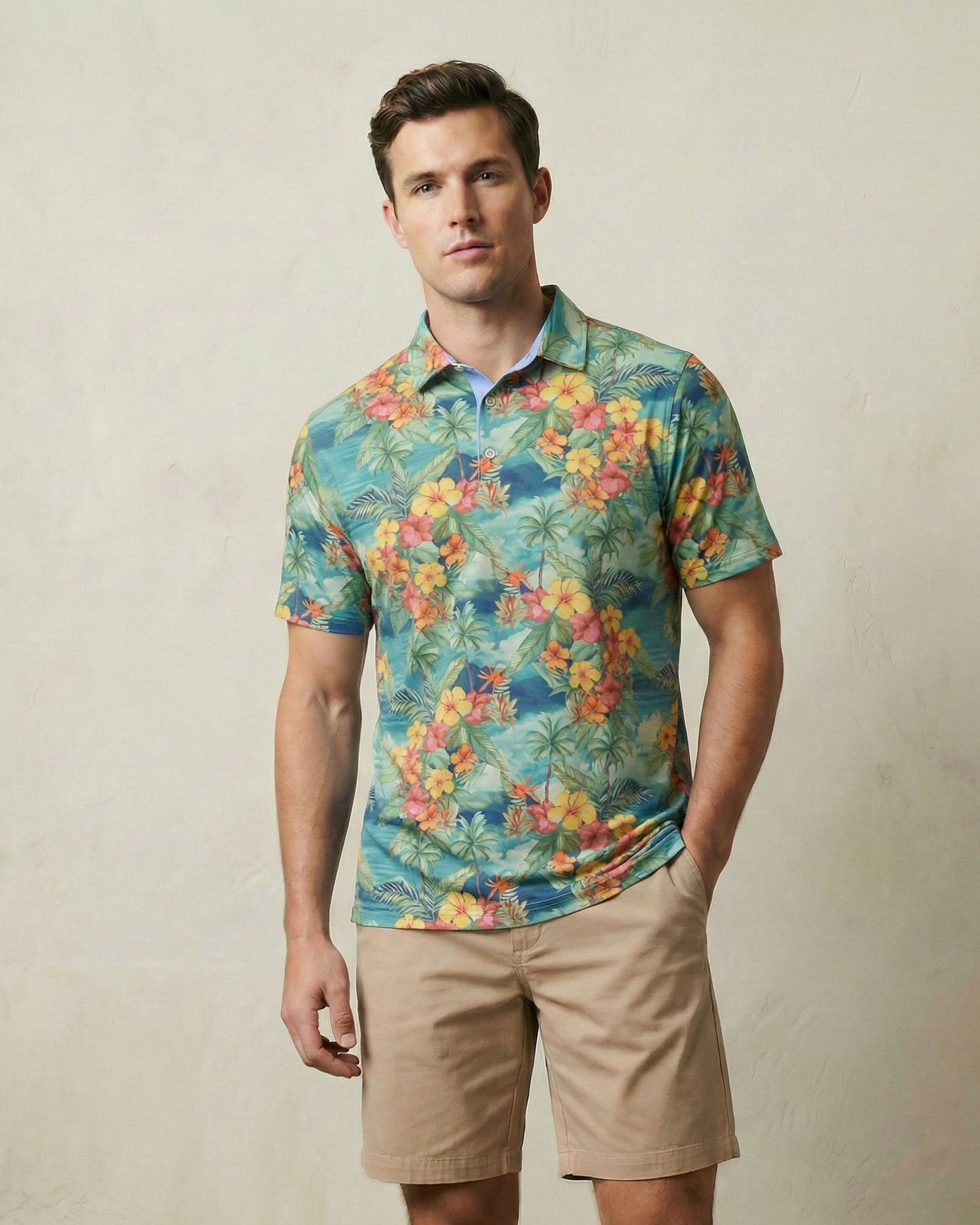 HUDSON GOLF PERFORMANCE POLO HAWAIIAN FLOWERS & SEA