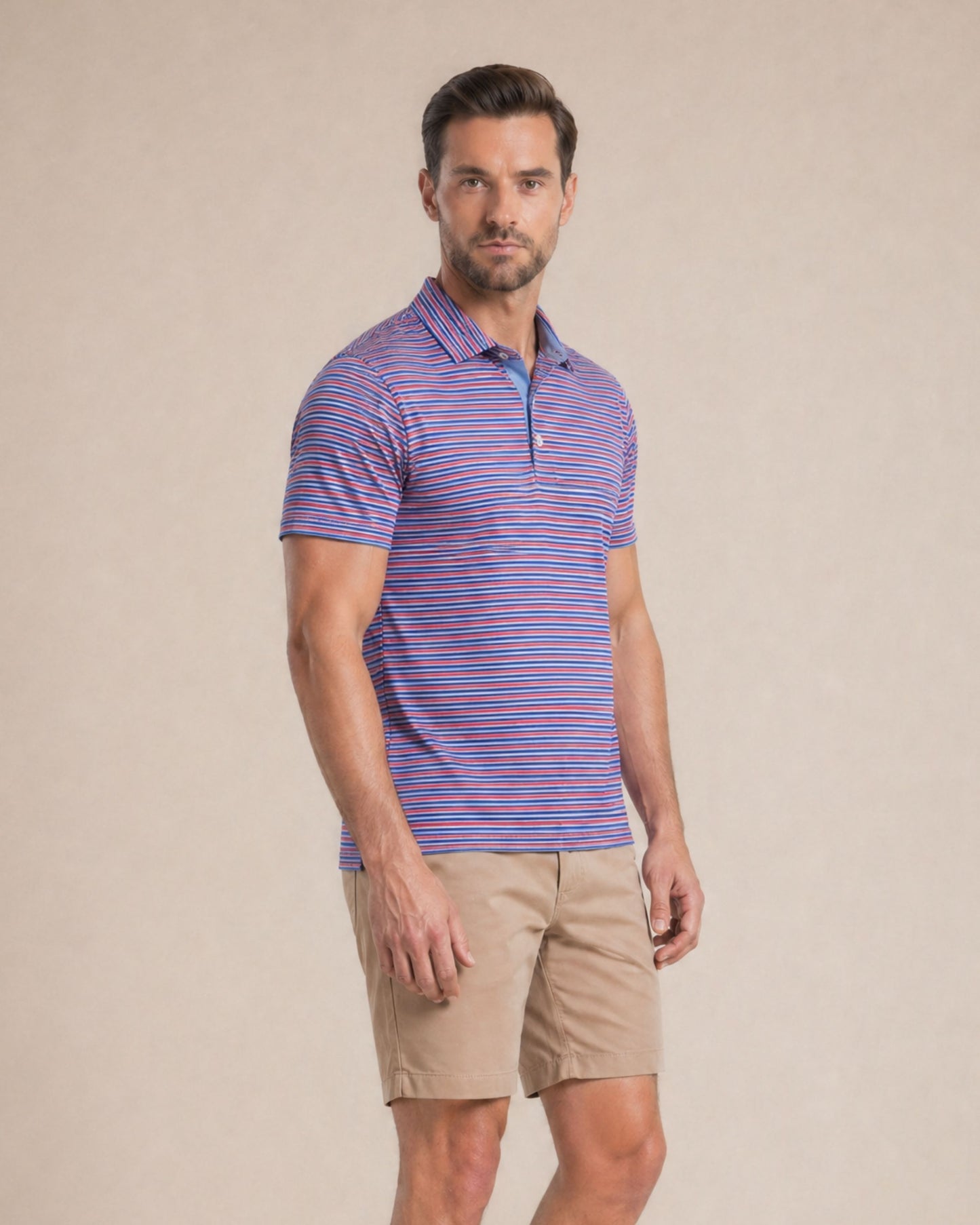 HUDSON GOLF PERFORMANCE POLO SOMERSET STRIPE CORAL