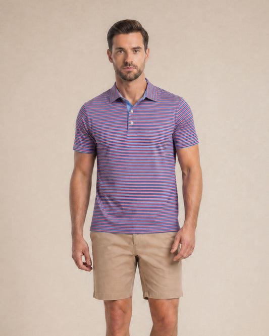 HUDSON GOLF PERFORMANCE POLO SOMERSET STRIPE CORAL