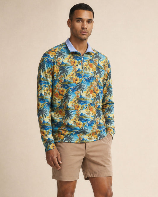 YORK GOLF PERFORMANCE QUARTER ZIP ZIP HAWAIIAN WAVES & PALMS
