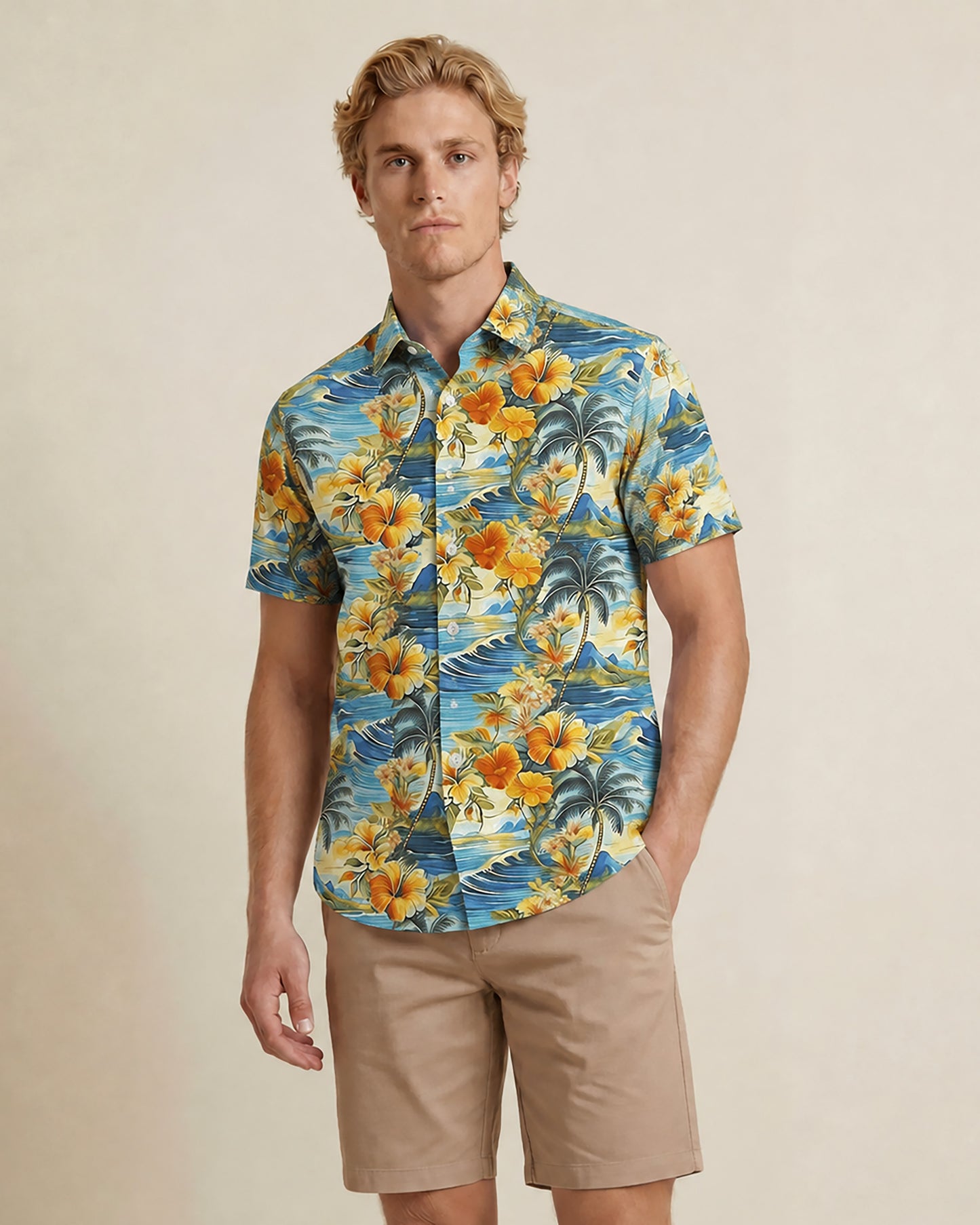 NEWARK PERFORMANCE PRINT SHIRT HAWAIIAN WAVES AND PALMS