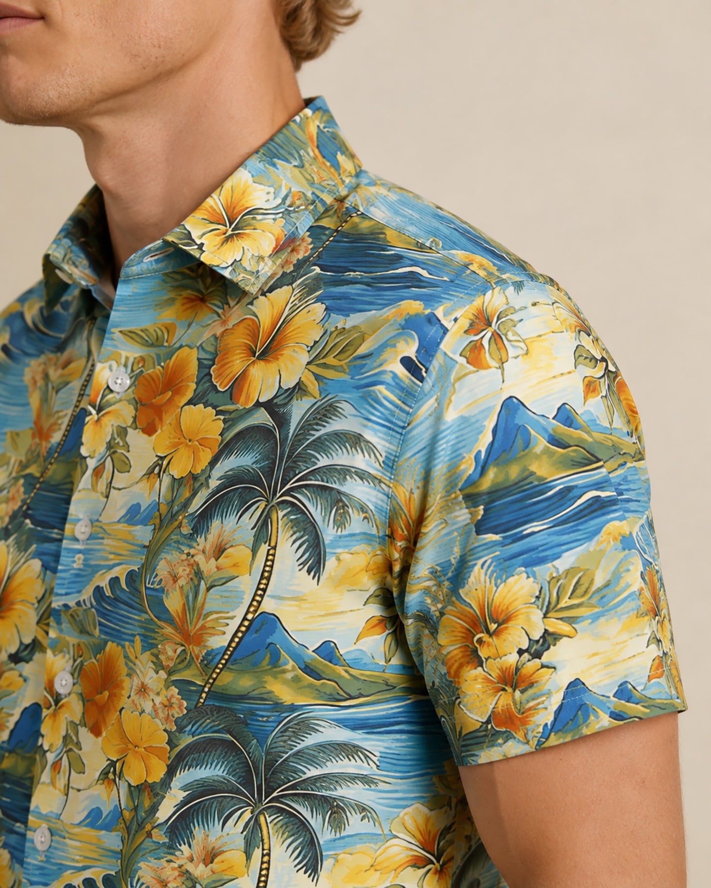 NEWARK PERFORMANCE PRINT SHIRT HAWAIIAN WAVES AND PALMS