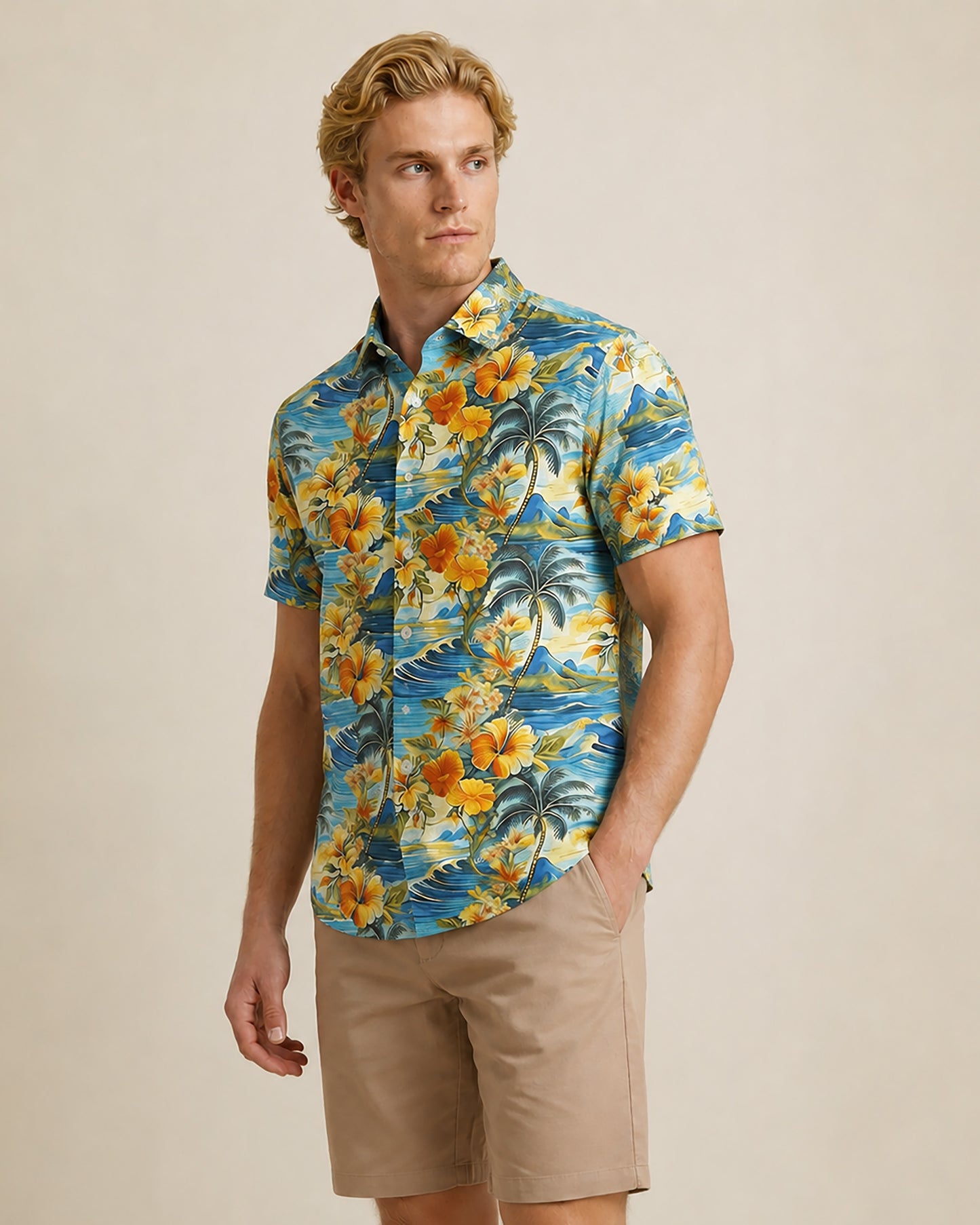 NEWARK PERFORMANCE PRINT SHIRT HAWAIIAN WAVES AND PALMS