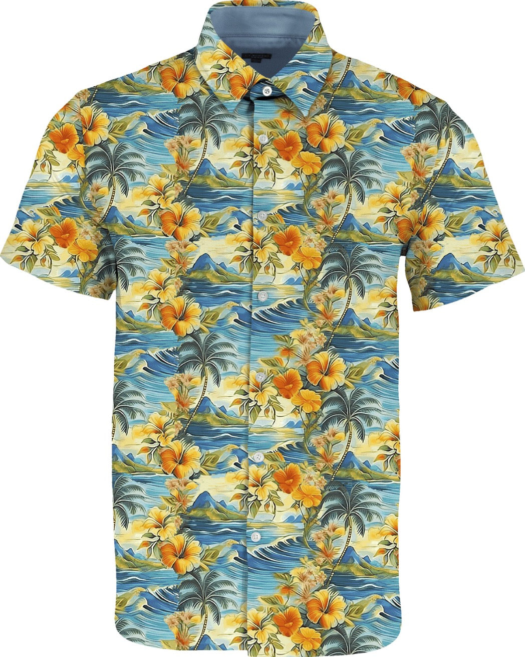 NEWARK PERFORMANCE PRINT SHIRT HAWAIIAN WAVES AND PALMS